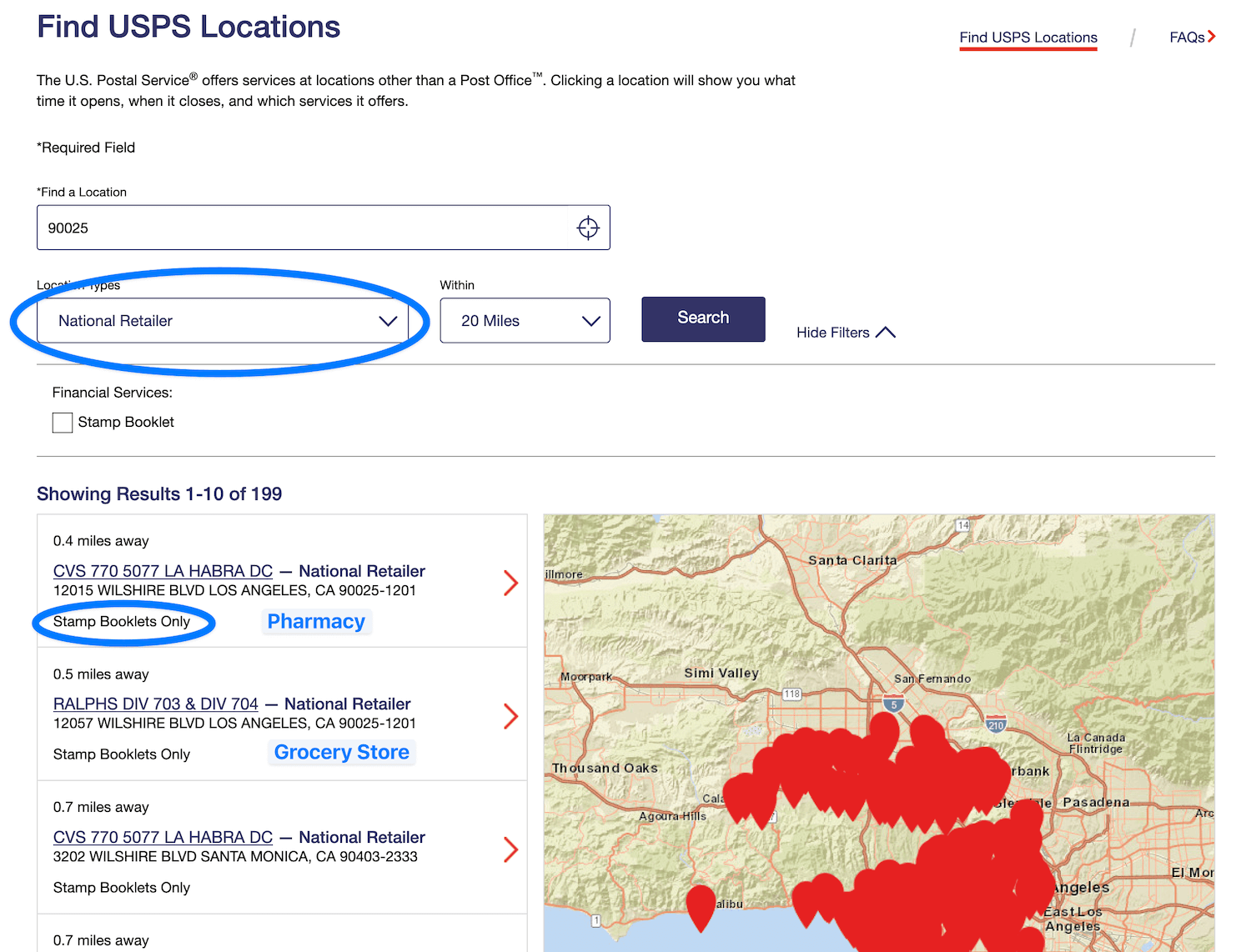 screenshot of USPS site showing CVS and Ralphs selling stamps